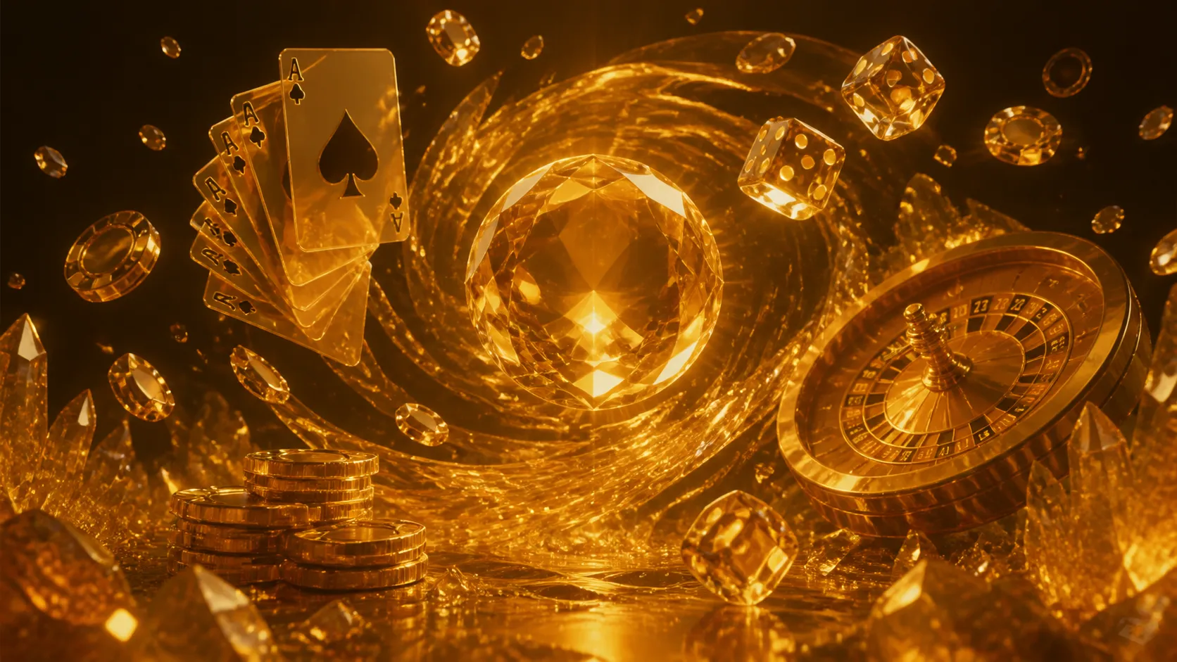 Cyberpunk themed casino image with neon glowing poker chips and dice against a dark backdrop.