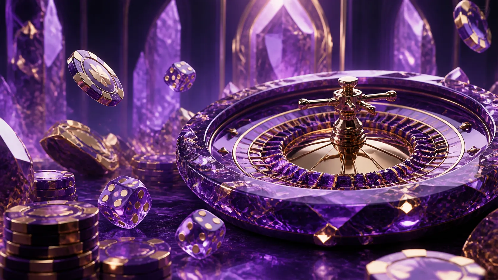 Hero banner image for Crystalroll displaying luxury casino scene with floating crystals and poker elements.
